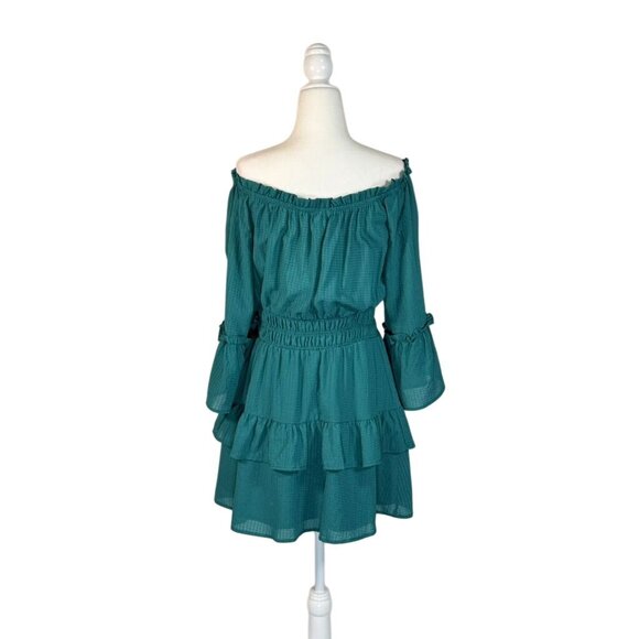 LELIS Collection-Shoulder Teal Mini Dress Size m With Bell Sleeves & Ruffle Deta - Picture 3 of 10